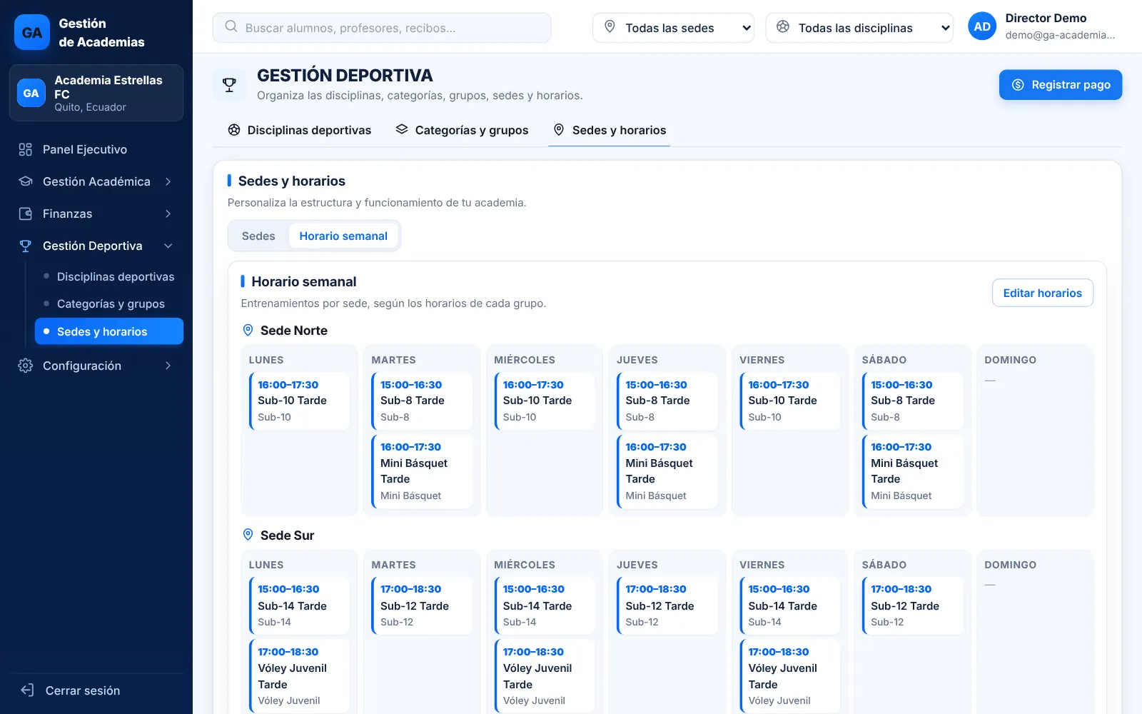 Horario semanal de entrenamientos por sede en GA