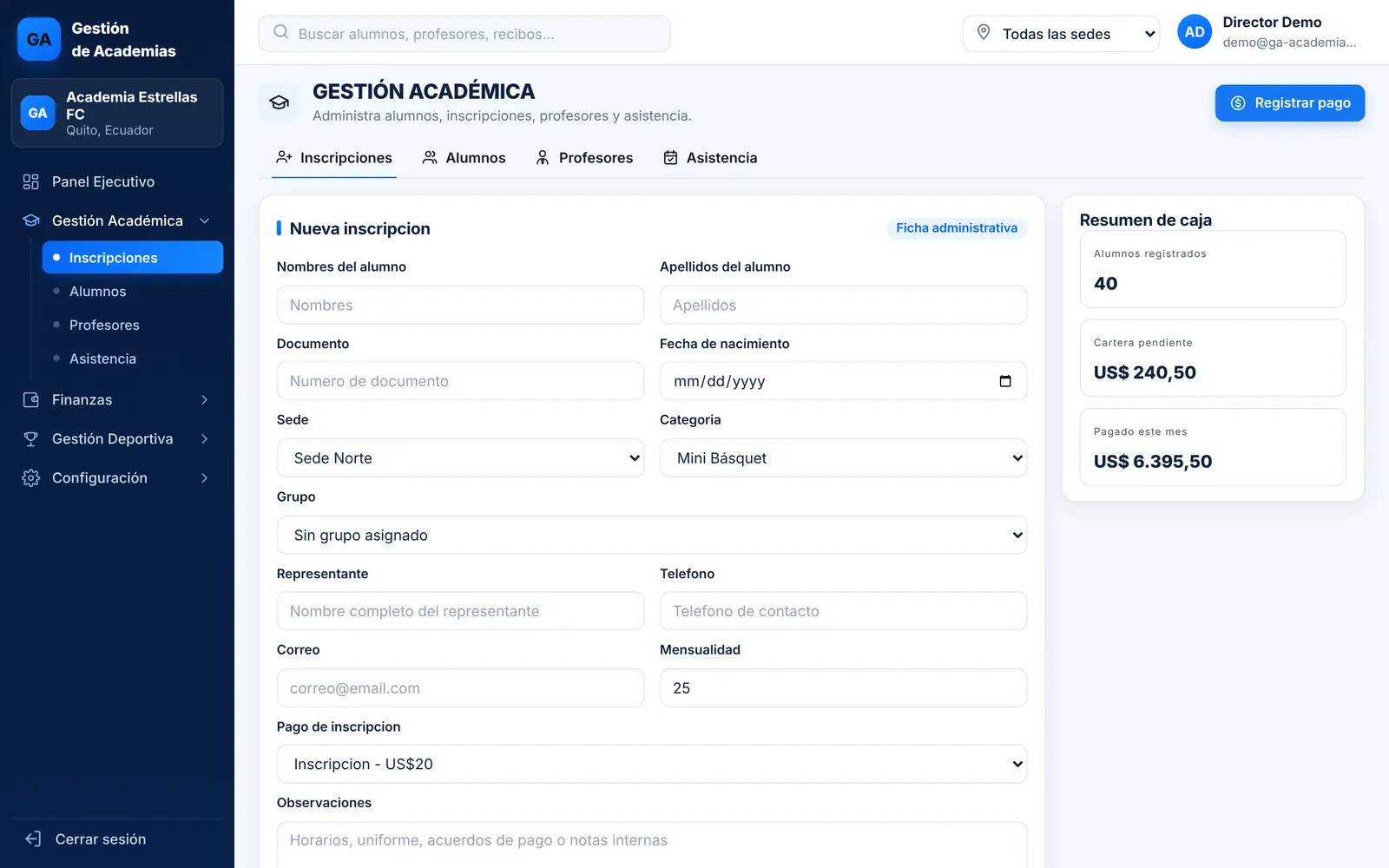 Formulario de inscripción de alumnos en GA