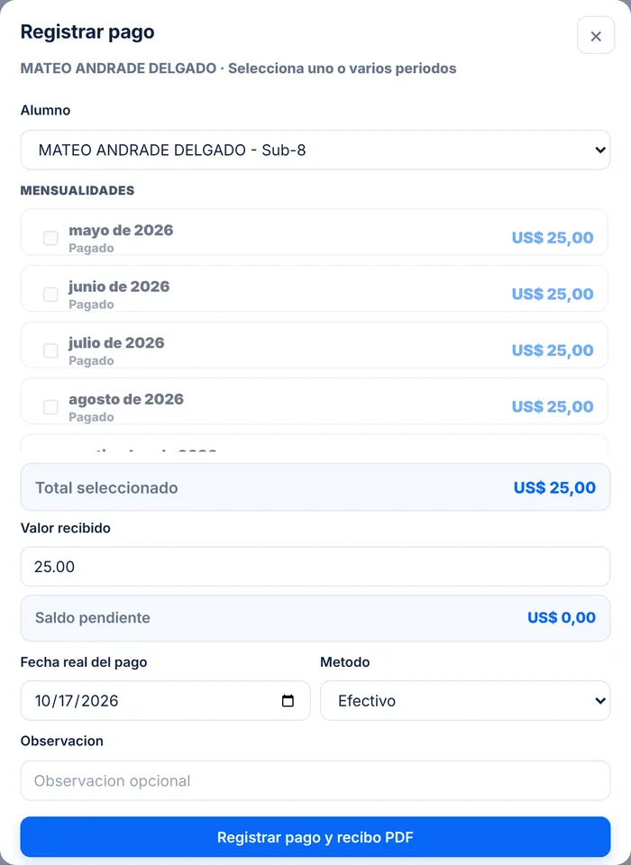 Ventana para registrar el pago de una mensualidad en GA