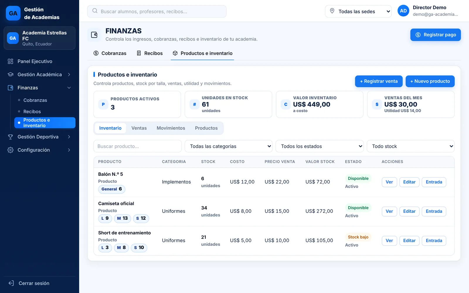 Módulo de productos e inventario de GA